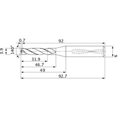 MVS0390X08S060 DP1020 3.9 mm Dia. × 6 mm Shank × 46.7 mm Flute Length × 92.7 mm OAL, 140°, 2 Flute, Coolant Thru, Solid Carbide Drill