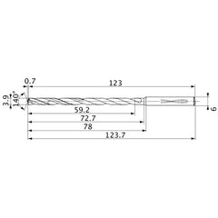 MVS0390X15S060 DP1020 3.9 mm Dia. × 6 mm Shank × 72.7 mm Flute Length × 123.7 mm OAL, 140°, 2 Flute, Coolant Thru, Solid Carbide Drill