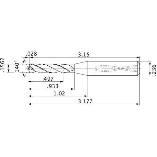 MVS0397X03S060 DP1020 0.1562″ Dia. × 0.236″ Shank × 0.933″ Flute Length × 3.177″ OAL, 140°, 2 Flute, Coolant Thru, Solid Carbide Drill