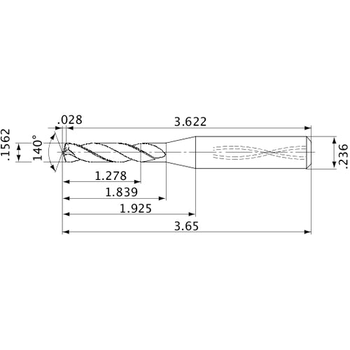 MVS0397X08S060 DP1020 0.1562″ Dia. × 0.236″ Shank × 1.839″ Flute Length × 3.65″ OAL, 140°, 2 Flute, Coolant Thru, Solid Carbide Drill