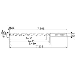 MVS0397X30S060 DP1020 0.1562″ Dia. × 0.236″ Shank × 5.224″ Flute Length × 7.232″ OAL, 140°, 2 Flute, Coolant Thru, Solid Carbide Drill