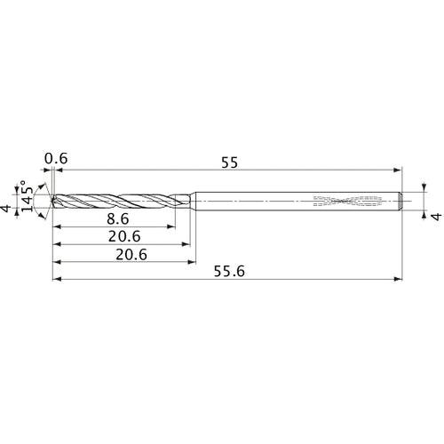 MVS0400X02S040PL DP1020 4 mm Dia. × 4 mm Shank × 20.6 mm Flute Length × 55.6 mm OAL, 145°, 2 Flute, Coolant Thru, Solid Carbide Drill