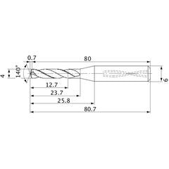 MVS0400X03S060 DP1020 4 mm Dia. × 6 mm Shank × 23.7 mm Flute Length × 80.7 mm OAL, 140°, 2 Flute, Coolant Thru, Solid Carbide Drill