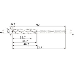 MVS0400X08S040 DP1020 4 mm Dia. × 4 mm Shank × 46.7 mm Flute Length × 92.7 mm OAL, 140°, 2 Flute, Coolant Thru, Solid Carbide Drill