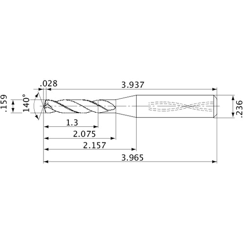MVS0404X08S060 DP1020 0.159″ Dia. × 0.236″ Shank × 2.075″ Flute Length × 3.965″ OAL, 140°, 2 Flute, Coolant Thru, Solid Carbide Drill
