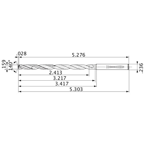 MVS0404X15S060 DP1020 0.159″ Dia. × 0.236″ Shank × 3.217″ Flute Length × 5.303″ OAL, 140°, 2 Flute, Coolant Thru, Solid Carbide Drill