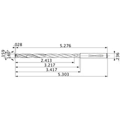 MVS0404X15S060 DP1020 0.159″ Dia. × 0.236″ Shank × 3.217″ Flute Length × 5.303″ OAL, 140°, 2 Flute, Coolant Thru, Solid Carbide Drill