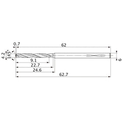 MVS0420X02S060PL DP1020 4.2 mm Dia. × 6 mm Shank × 22.7 mm Flute Length × 62.7 mm OAL, 145°, 2 Flute, Coolant Thru, Solid Carbide Drill