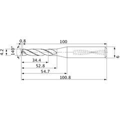 MVS0420X08S060 DP1020 4.2 mm Dia. × 6 mm Shank × 52.8 mm Flute Length × 100.8 mm OAL, 140°, 2 Flute, Coolant Thru, Solid Carbide Drill