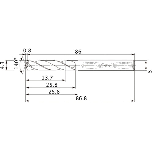 MVS0430X03S050 DP1020 4.3 mm Dia. × 5 mm Shank × 25.8 mm Flute Length × 86.8 mm OAL, 140°, 2 Flute, Coolant Thru, Solid Carbide Drill