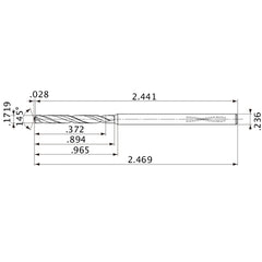 MVS0437X02S060PL DP1020 0.1719″ Dia. × 0.236″ Shank × 0.894″ Flute Length × 2.469″ OAL, 145°, 2 Flute, Coolant Thru, Solid Carbide Drill
