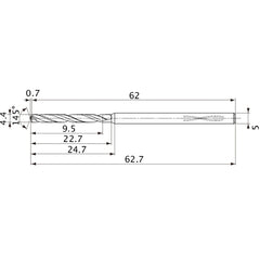 MVS0440X02S050PL DP1020 4.4 mm Dia. × 5 mm Shank × 22.7 mm Flute Length × 62.7 mm OAL, 145°, 2 Flute, Coolant Thru, Solid Carbide Drill
