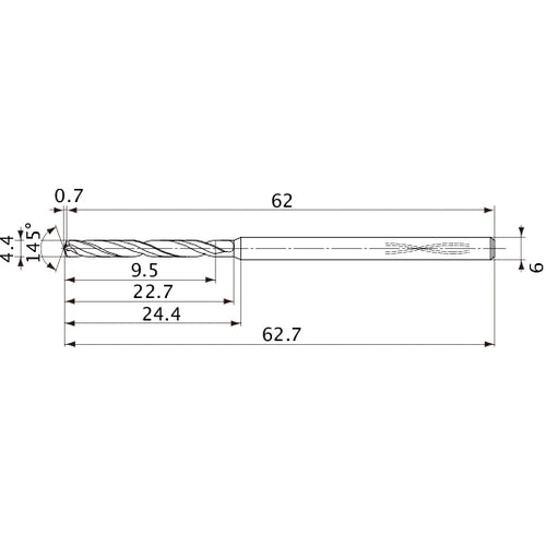 MVS0440X02S060PL DP1020 4.4 mm Dia. × 6 mm Shank × 22.7 mm Flute Length × 62.7 mm OAL, 145°, 2 Flute, Coolant Thru, Solid Carbide Drill