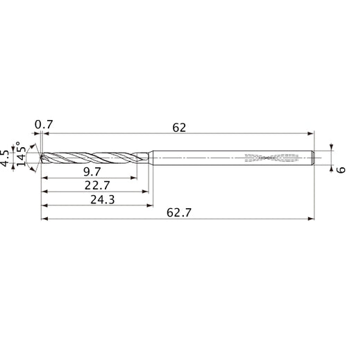 MVS0450X02S060PL DP1020 4.5 mm Dia. × 6 mm Shank × 22.7 mm Flute Length × 62.7 mm OAL, 145°, 2 Flute, Coolant Thru, Solid Carbide Drill