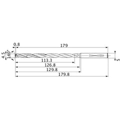 MVS0450X25S050 DP1020 4.5 mm Dia. × 5 mm Shank × 126.8 mm Flute Length × 179.8 mm OAL, 140°, 2 Flute, Coolant Thru, Solid Carbide Drill