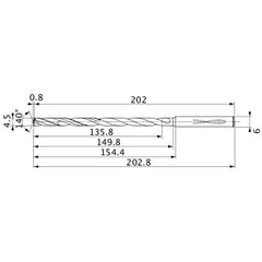 MVS0450X30S060 DP1020 4.5 mm Dia. × 6 mm Shank × 149.8 mm Flute Length × 202.8 mm OAL, 140°, 2 Flute, Coolant Thru, Solid Carbide Drill