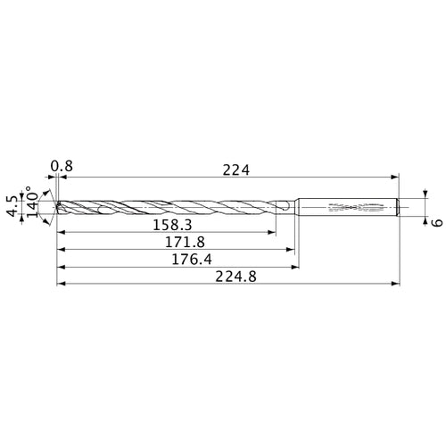 MVS0450X35S060 DP1020 4.5 mm Dia. × 6 mm Shank × 171.8 mm Flute Length × 224.8 mm OAL, 140°, 2 Flute, Coolant Thru, Solid Carbide Drill