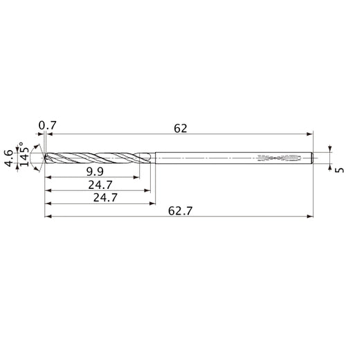 MVS0460X02S050PL DP1020 4.6 mm Dia. × 5 mm Shank × 24.7 mm Flute Length × 62.7 mm OAL, 145°, 2 Flute, Coolant Thru, Solid Carbide Drill