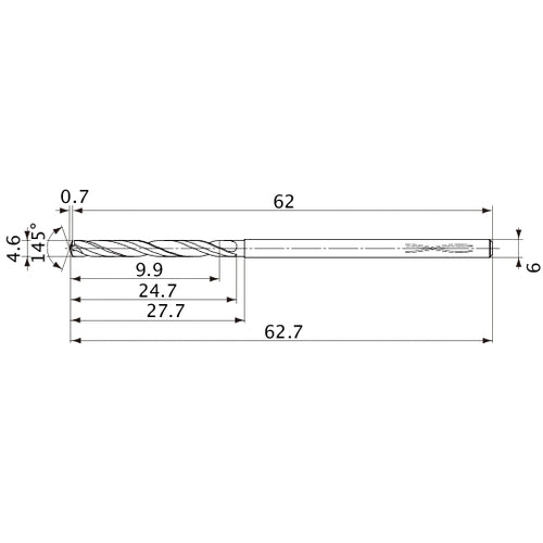 MVS0460X02S060PL DP1020 4.6 mm Dia. × 6 mm Shank × 24.7 mm Flute Length × 62.7 mm OAL, 145°, 2 Flute, Coolant Thru, Solid Carbide Drill