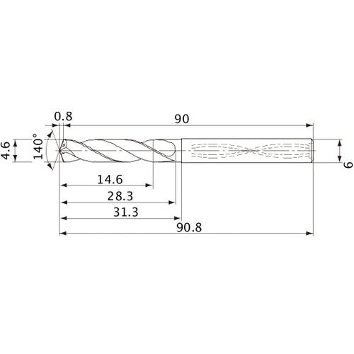 MVS0460X03S060 DP1020 4.6 mm Dia. × 6 mm Shank × 28.3 mm Flute Length × 90.8 mm OAL, 140°, 2 Flute, Coolant Thru, Solid Carbide Drill