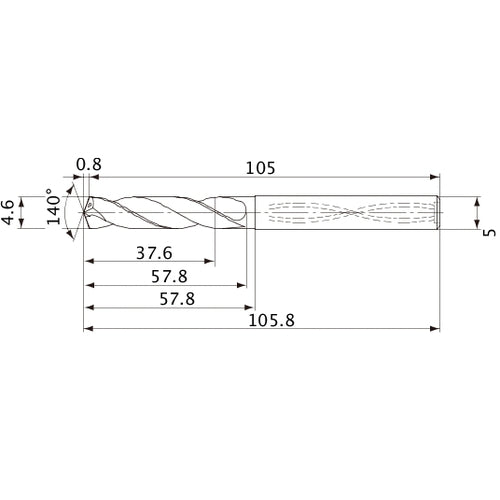 MVS0460X08S050 DP1020 4.6 mm Dia. × 5 mm Shank × 57.8 mm Flute Length × 105.8 mm OAL, 140°, 2 Flute, Coolant Thru, Solid Carbide Drill