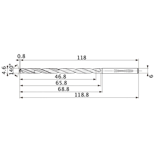 MVS0460X10S060 DP1020 4.6 mm Dia. × 6 mm Shank × 65.8 mm Flute Length × 118.8 mm OAL, 140°, 2 Flute, Coolant Thru, Solid Carbide Drill