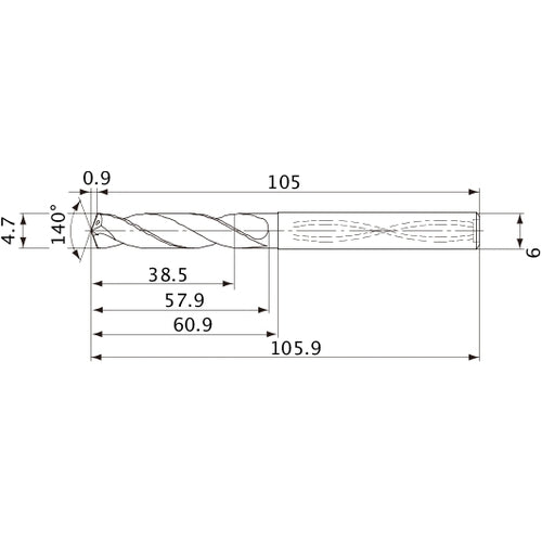 MVS0470X08S060 DP1020 4.7 mm Dia. × 6 mm Shank × 57.9 mm Flute Length × 105.9 mm OAL, 140°, 2 Flute, Coolant Thru, Solid Carbide Drill