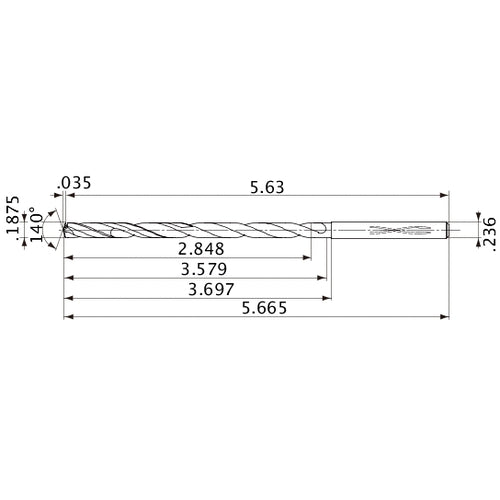 MVS0476X15S060 DP1020 3/16″ Dia. × 0.236″ Shank × 3.579″ Flute Length × 5.665″ OAL, 140°, 2 Flute, Coolant Thru, Solid Carbide Drill