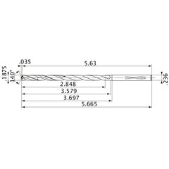 MVS0476X15S060 DP1020 3/16″ Dia. × 0.236″ Shank × 3.579″ Flute Length × 5.665″ OAL, 140°, 2 Flute, Coolant Thru, Solid Carbide Drill