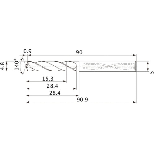 MVS0480X03S050 DP1020 4.8 mm Dia. × 5 mm Shank × 28.4 mm Flute Length × 90.9 mm OAL, 140°, 2 Flute, Coolant Thru, Solid Carbide Drill