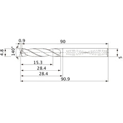 MVS0480X03S050 DP1020 4.8 mm Dia. × 5 mm Shank × 28.4 mm Flute Length × 90.9 mm OAL, 140°, 2 Flute, Coolant Thru, Solid Carbide Drill