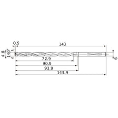 MVS0480X15S060 DP1020 4.8 mm Dia. × 6 mm Shank × 90.9 mm Flute Length × 143.9 mm OAL, 140°, 2 Flute, Coolant Thru, Solid Carbide Drill