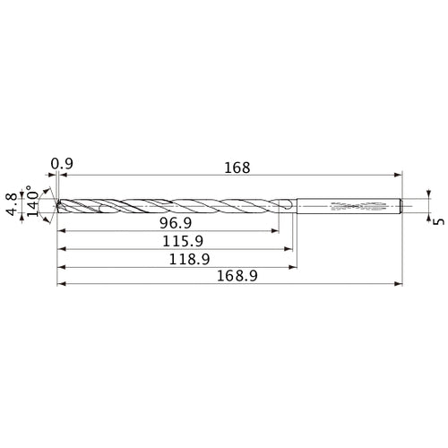 MVS0480X20S050 DP1020 4.8 mm Dia. × 5 mm Shank × 115.9 mm Flute Length × 168.9 mm OAL, 140°, 2 Flute, Coolant Thru, Solid Carbide Drill