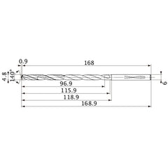 MVS0480X20S060 DP1020 4.8 mm Dia. × 6 mm Shank × 115.9 mm Flute Length × 168.9 mm OAL, 140°, 2 Flute, Coolant Thru, Solid Carbide Drill