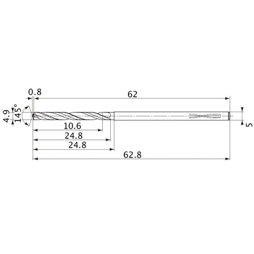 MVS0490X02S050PL DP1020 4.9 mm Dia. × 5 mm Shank × 24.8 mm Flute Length × 62.8 mm OAL, 145°, 2 Flute, Coolant Thru, Solid Carbide Drill