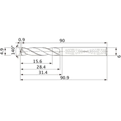 MVS0490X03S060 DP1020 4.9 mm Dia. × 6 mm Shank × 28.4 mm Flute Length × 90.9 mm OAL, 140°, 2 Flute, Coolant Thru, Solid Carbide Drill