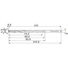 MVS0490X15S060 DP1020 4.9 mm Dia. × 6 mm Shank × 90.9 mm Flute Length × 143.9 mm OAL, 140°, 2 Flute, Coolant Thru, Solid Carbide Drill