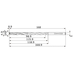 MVS0490X20S050 DP1020 4.9 mm Dia. × 5 mm Shank × 115.9 mm Flute Length × 168.9 mm OAL, 140°, 2 Flute, Coolant Thru, Solid Carbide Drill