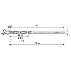 MVS0500X02S060PL DP1020 5 mm Dia. × 6 mm Shank × 24.8 mm Flute Length × 62.8 mm OAL, 145°, 2 Flute, Coolant Thru, Solid Carbide Drill