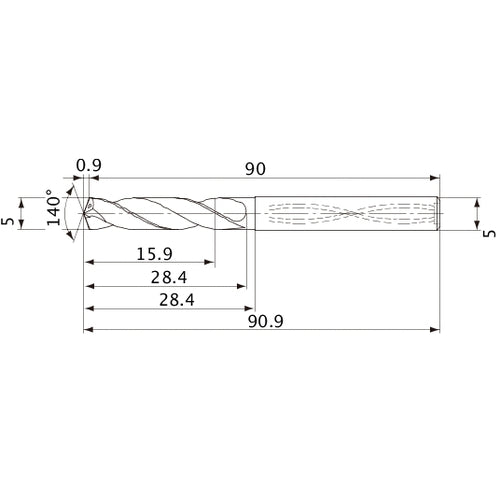 MVS0500X03S050 DP1020 5 mm Dia. × 5 mm Shank × 28.4 mm Flute Length × 90.9 mm OAL, 140°, 2 Flute, Coolant Thru, Solid Carbide Drill