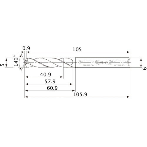 MVS0500X08S060 DP1020 5 mm Dia. × 6 mm Shank × 57.9 mm Flute Length × 105.9 mm OAL, 140°, 2 Flute, Coolant Thru, Solid Carbide Drill