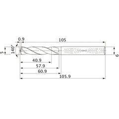 MVS0500X08S060 DP1020 5 mm Dia. × 6 mm Shank × 57.9 mm Flute Length × 105.9 mm OAL, 140°, 2 Flute, Coolant Thru, Solid Carbide Drill