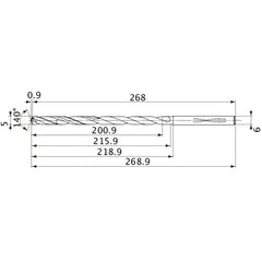 MVS0500X40S060 DP1020 5 mm Dia. × 6 mm Shank × 215.9 mm Flute Length × 268.9 mm OAL, 140°, 2 Flute, Coolant Thru, Solid Carbide Drill