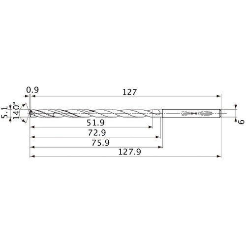 MVS0510X10S060 DP1020 5.1 mm Dia. × 6 mm Shank × 72.9 mm Flute Length × 127.9 mm OAL, 140°, 2 Flute, Coolant Thru, Solid Carbide Drill
