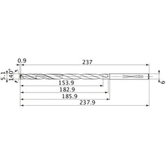 MVS0510X30S060 DP1020 5.1 mm Dia. × 6 mm Shank × 182.9 mm Flute Length × 237.9 mm OAL, 140°, 2 Flute, Coolant Thru, Solid Carbide Drill