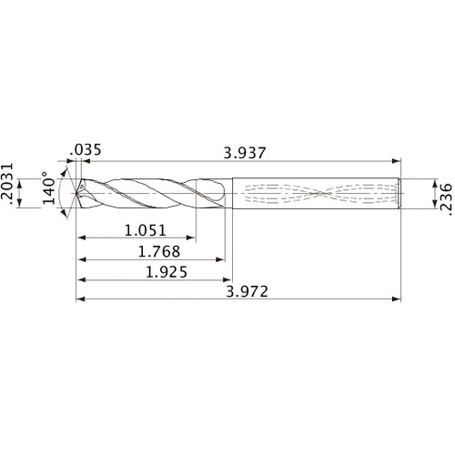 MVS0516X05S060 DP1020 0.2031″ Dia. × 0.236″ Shank × 1.768″ Flute Length × 3.972″ OAL, 140°, 2 Flute, Coolant Thru, Solid Carbide Drill