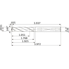 MVS0516X05S060 DP1020 0.2031″ Dia. × 0.236″ Shank × 1.768″ Flute Length × 3.972″ OAL, 140°, 2 Flute, Coolant Thru, Solid Carbide Drill