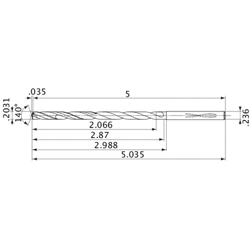 MVS0516X10S060 DP1020 0.2031″ Dia. × 0.236″ Shank × 2.87″ Flute Length × 5.035″ OAL, 140°, 2 Flute, Coolant Thru, Solid Carbide Drill