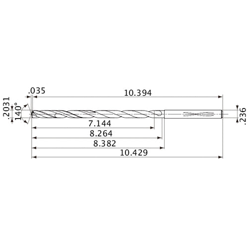 MVS0516X35S060 DP1020 0.2031″ Dia. × 0.236″ Shank × 8.264″ Flute Length × 10.429″ OAL, 140°, 2 Flute, Coolant Thru, Solid Carbide Drill
