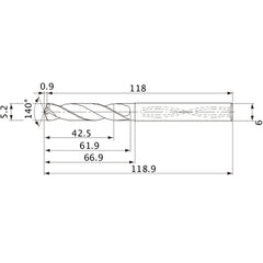MVS0520X08S060 DP1020 5.2 mm Dia. × 6 mm Shank × 61.9 mm Flute Length × 118.9 mm OAL, 140°, 2 Flute, Coolant Thru, Solid Carbide Drill